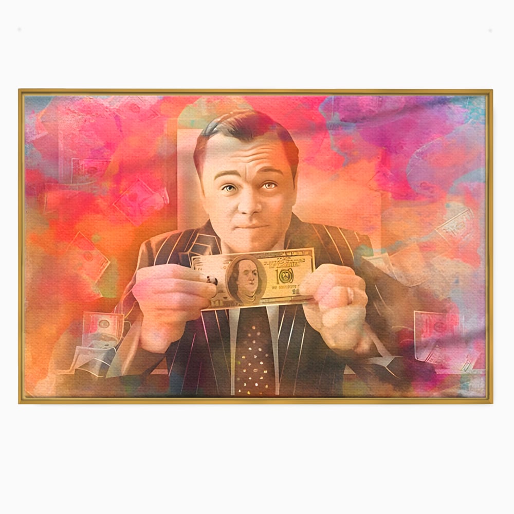 Tablou canvas cu tablou cu actorul leonardo dicaprio tinand bani, in rama de aluminiu auriu